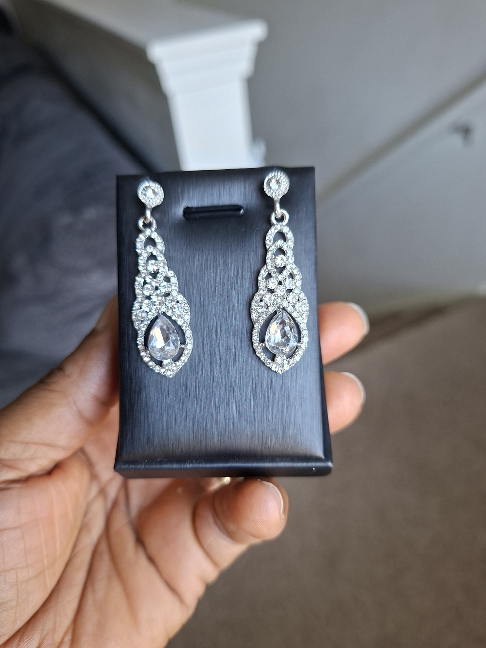 Rhinestone Teardrop Dangle Earrings Silver Tone Statement Party Jewelry